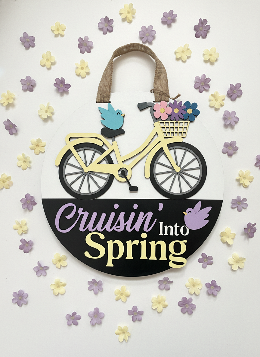 Cruisin’ Into Spring Bicycle Door Sign | Layered Wood Spring Decor | Front Door Hanger | Handmade Seasonal Welcome Sign