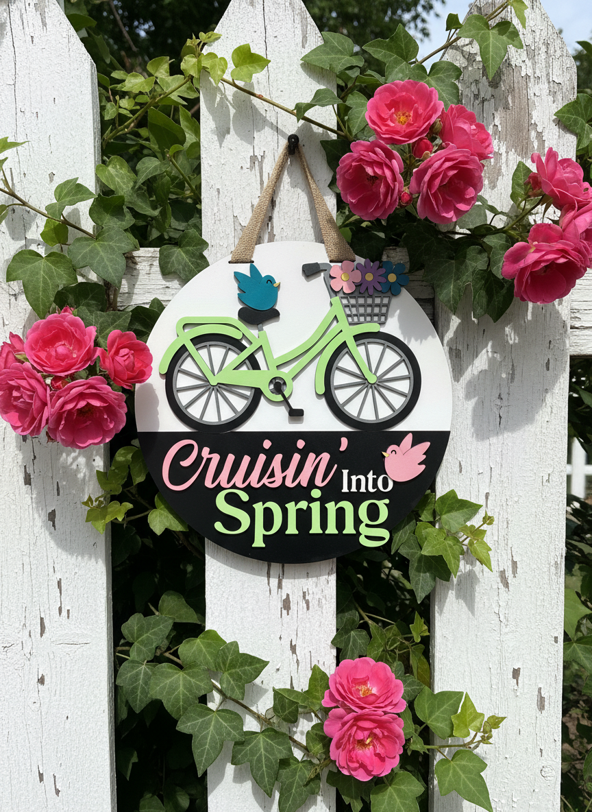 Cruisin’ Into Spring Bicycle Door Sign | Layered Wood Spring Decor | Front Door Hanger | Handmade Seasonal Welcome Sign