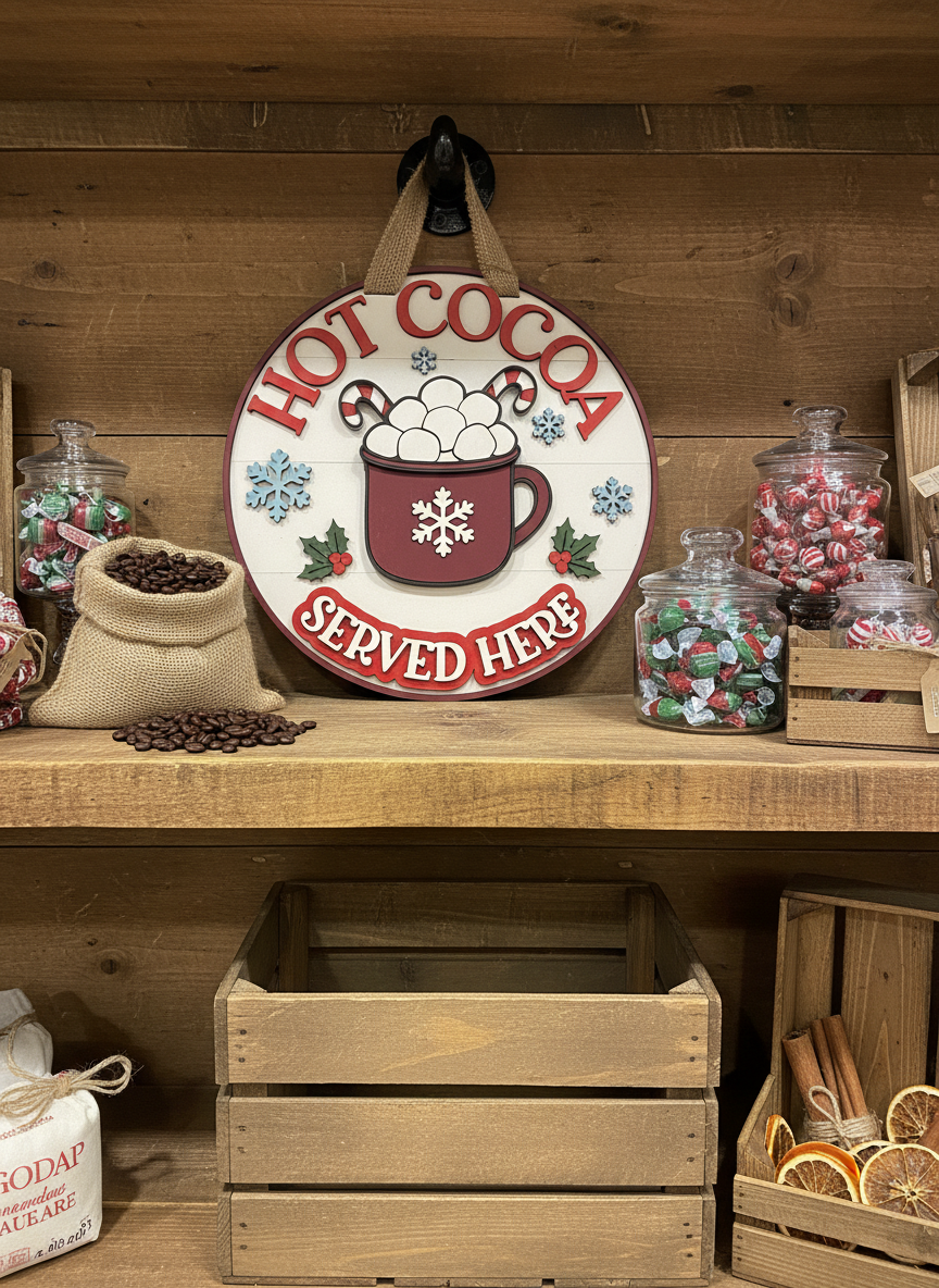 Hot Cocoa Served Here Sign – 3D Layered Wood Christmas Decor | Holiday Kitchen & Coffee Bar Accent