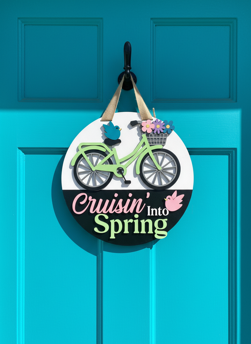 Cruisin’ Into Spring Bicycle Door Sign | Layered Wood Spring Decor | Front Door Hanger | Handmade Seasonal Welcome Sign