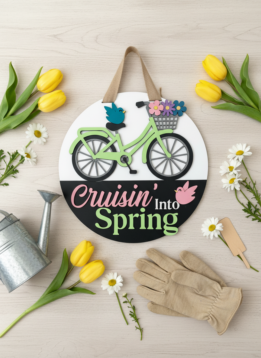 Cruisin’ Into Spring Bicycle Door Sign | Layered Wood Spring Decor | Front Door Hanger | Handmade Seasonal Welcome Sign