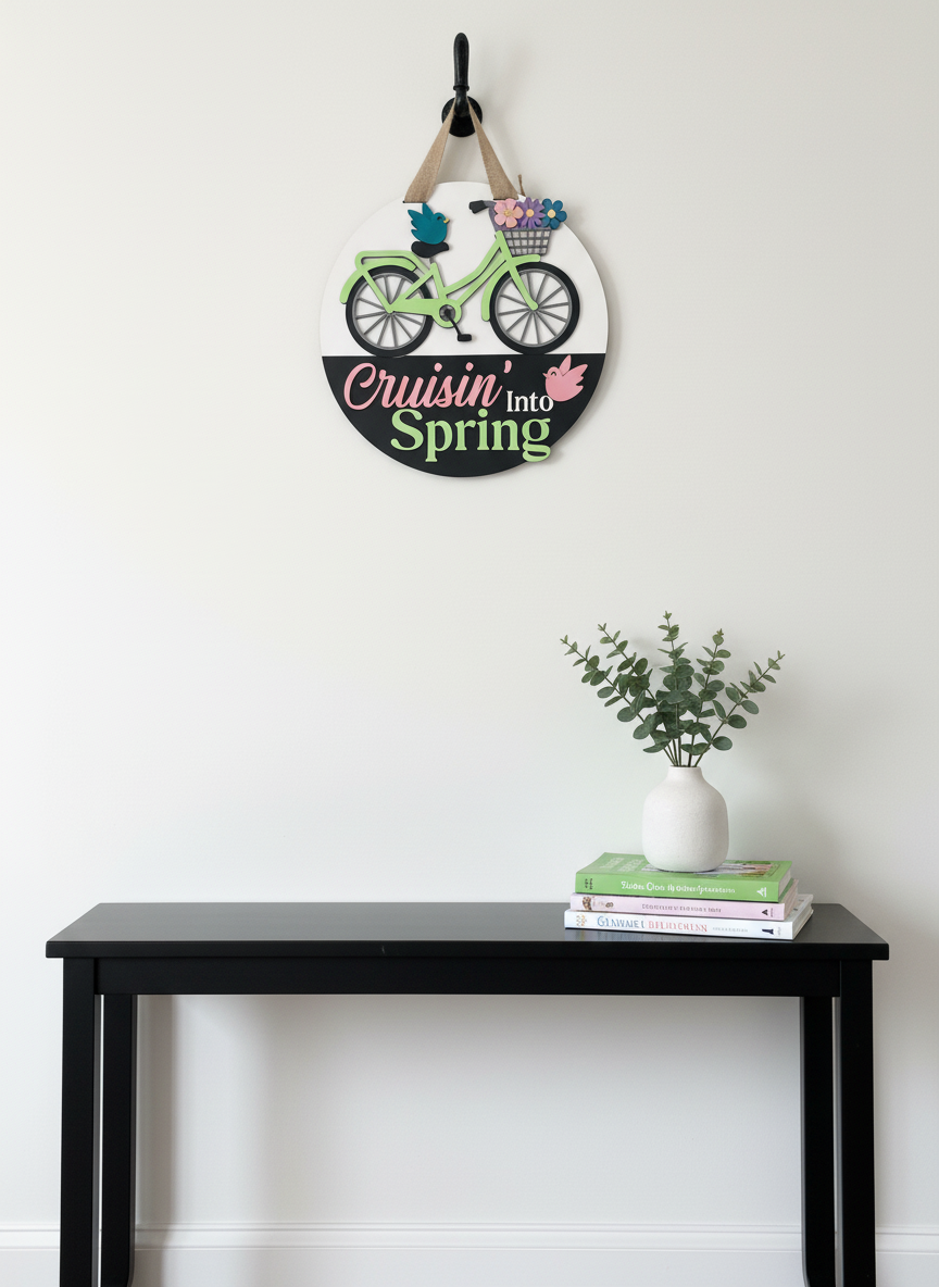 Cruisin’ Into Spring Bicycle Door Sign | Layered Wood Spring Decor | Front Door Hanger | Handmade Seasonal Welcome Sign