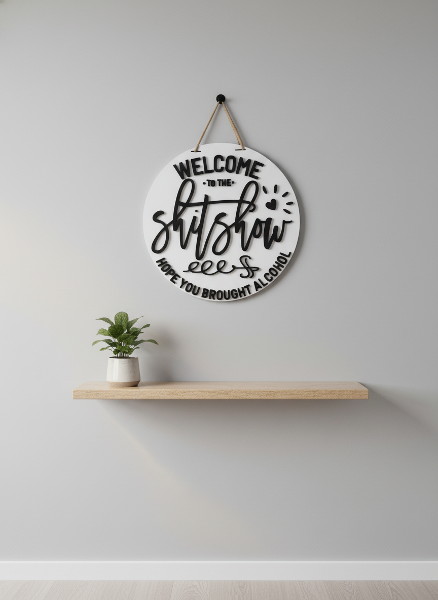 “Welcome to the Sh*t Show, Hope You Brought Alcohol” Funny Door Sign – Adult Humor Home Decor
