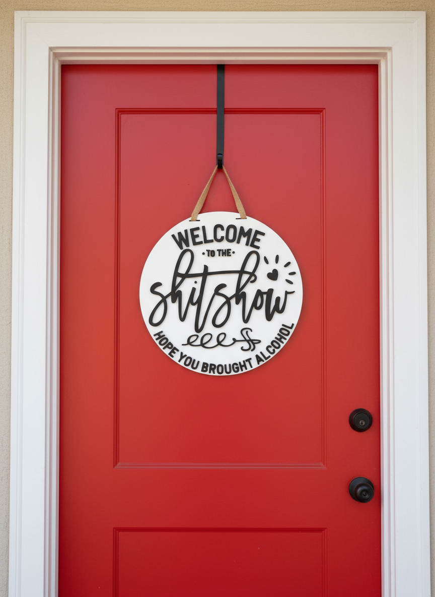 “Welcome to the Sh*t Show, Hope You Brought Alcohol” Funny Door Sign – Adult Humor Home Decor
