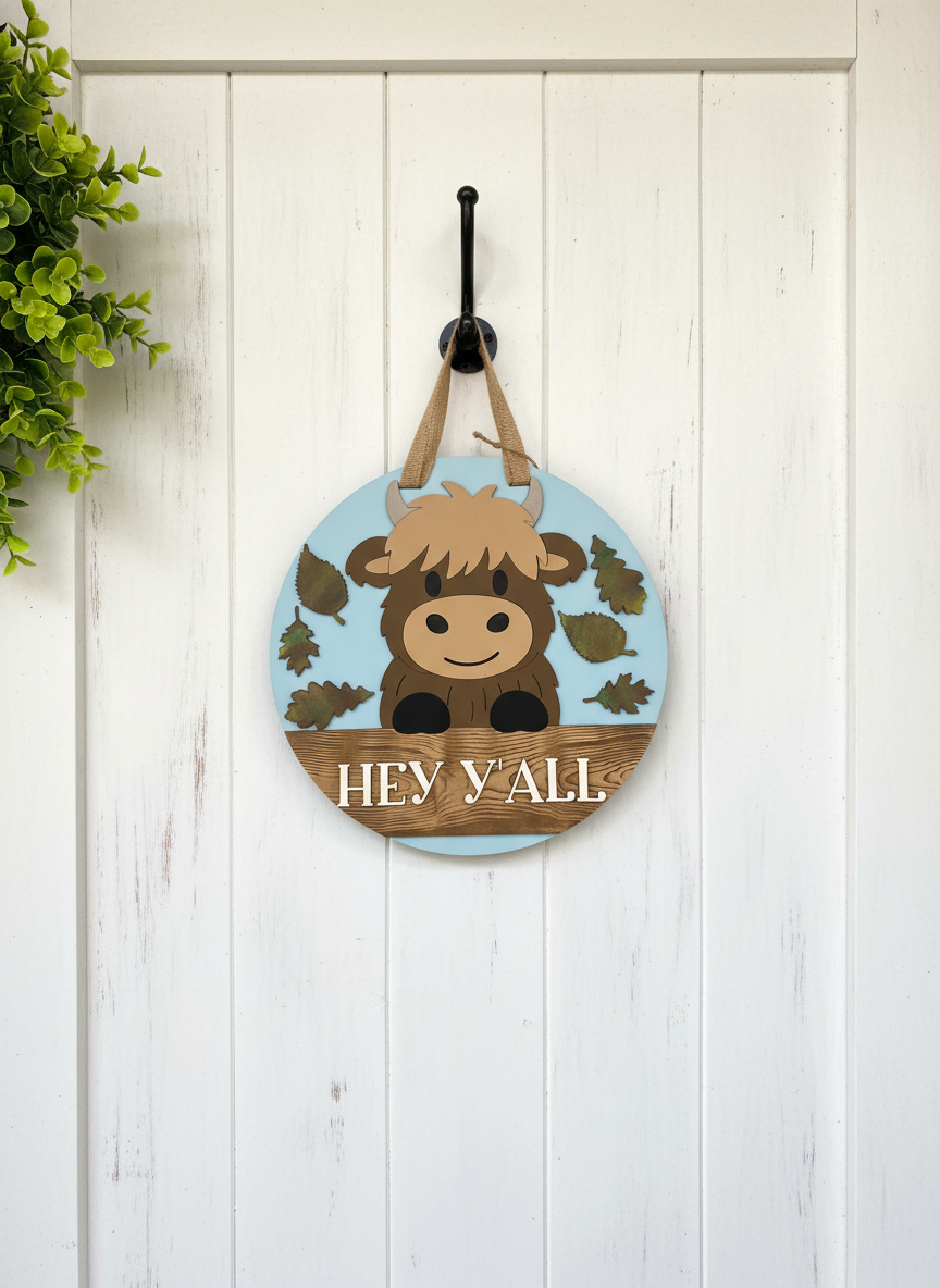 Highland Cow Hey Y’all Door Hanger – 3D Wood Farmhouse Fall Welcome Sign