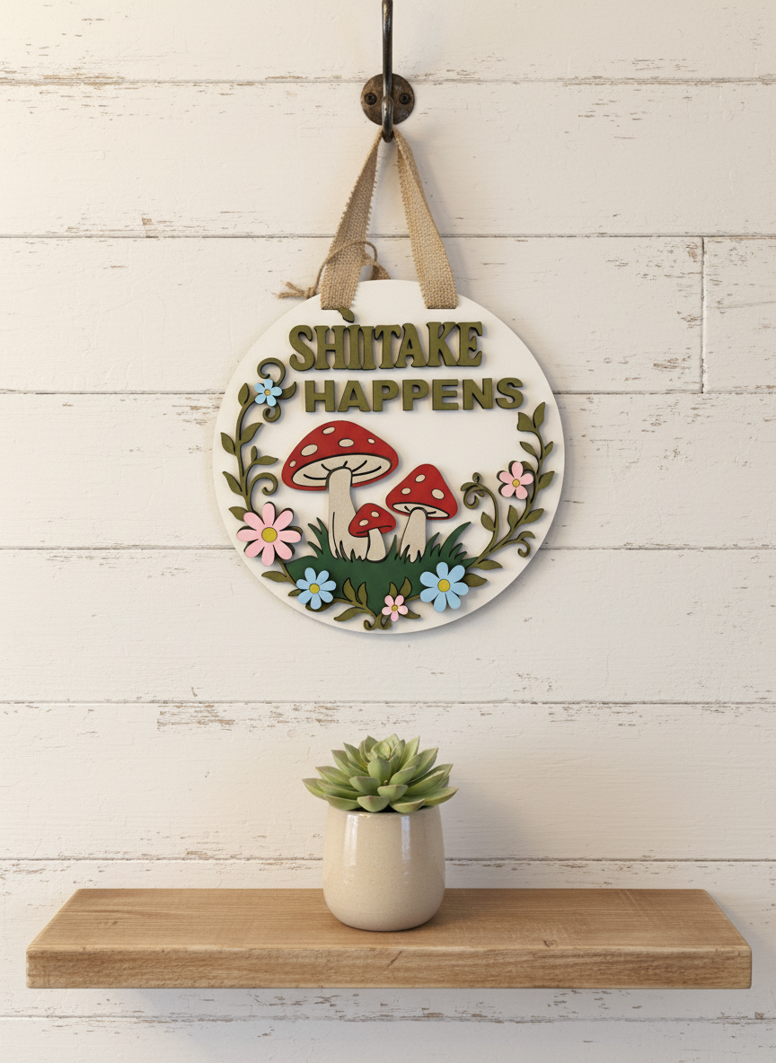 Shiitake Happens Sign | Funny Mushroom Wall Decor | Handmade Cottagecore Decor