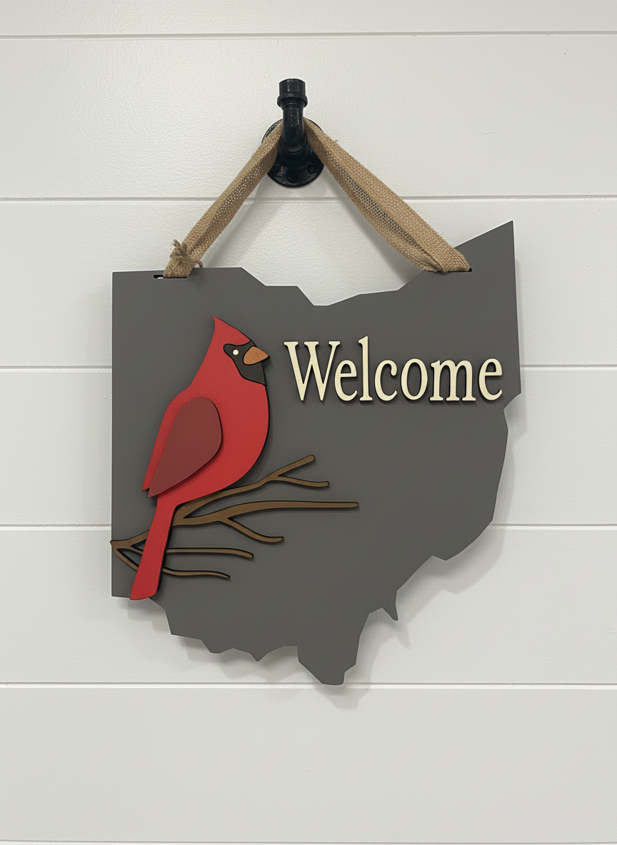 Ohio Cardinal Welcome Sign – 3D Layered Wood Door Decor | Handmade State Pride Front Door Sign