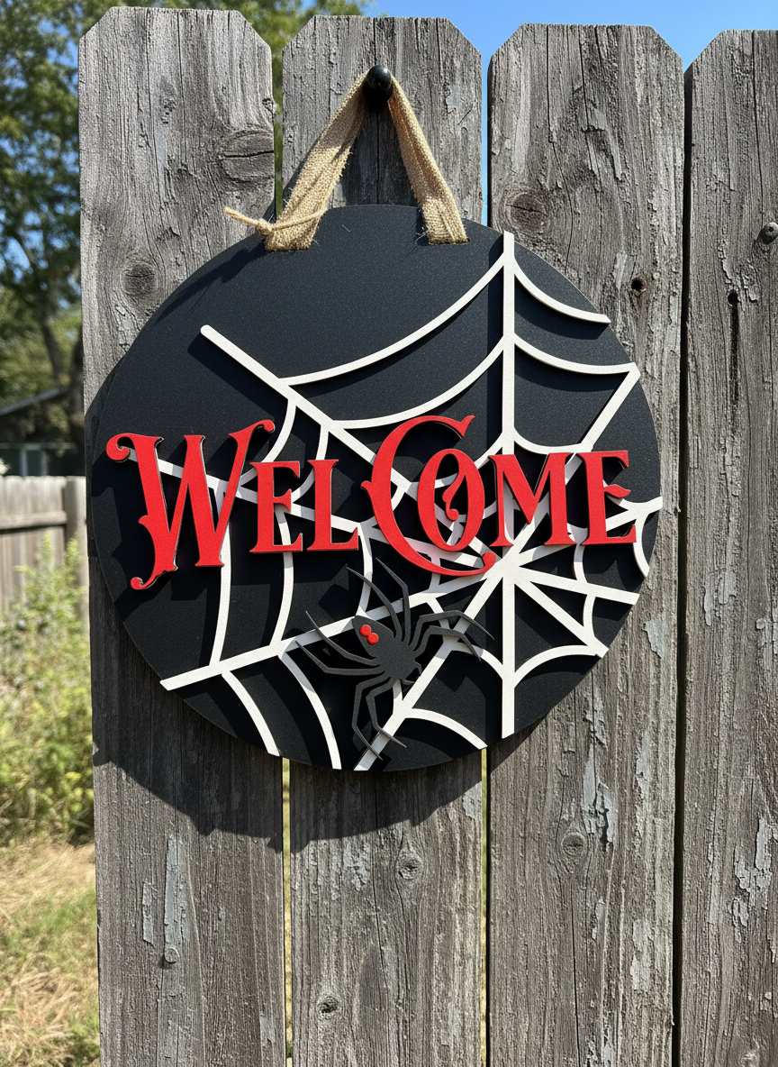 Halloween Spider Web Welcome Door Sign – Handcrafted Spooky Home Décor