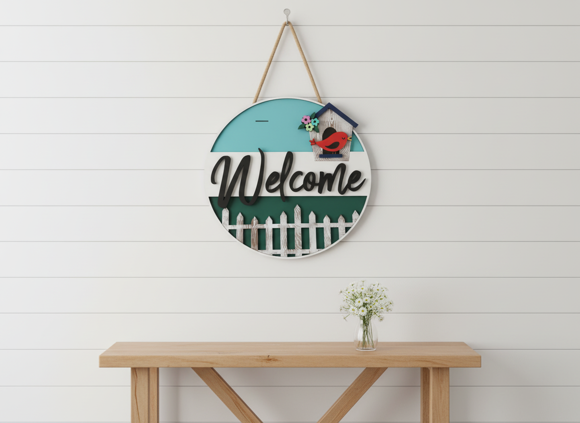 Welcome Red Bird and Birdhouse Door Sign