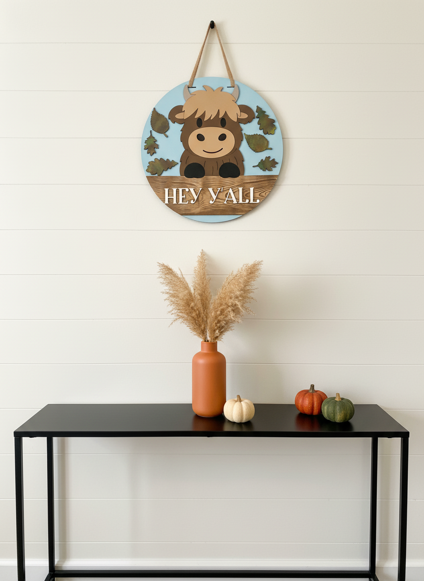 Highland Cow Hey Y’all Door Hanger – 3D Wood Farmhouse Fall Welcome Sign