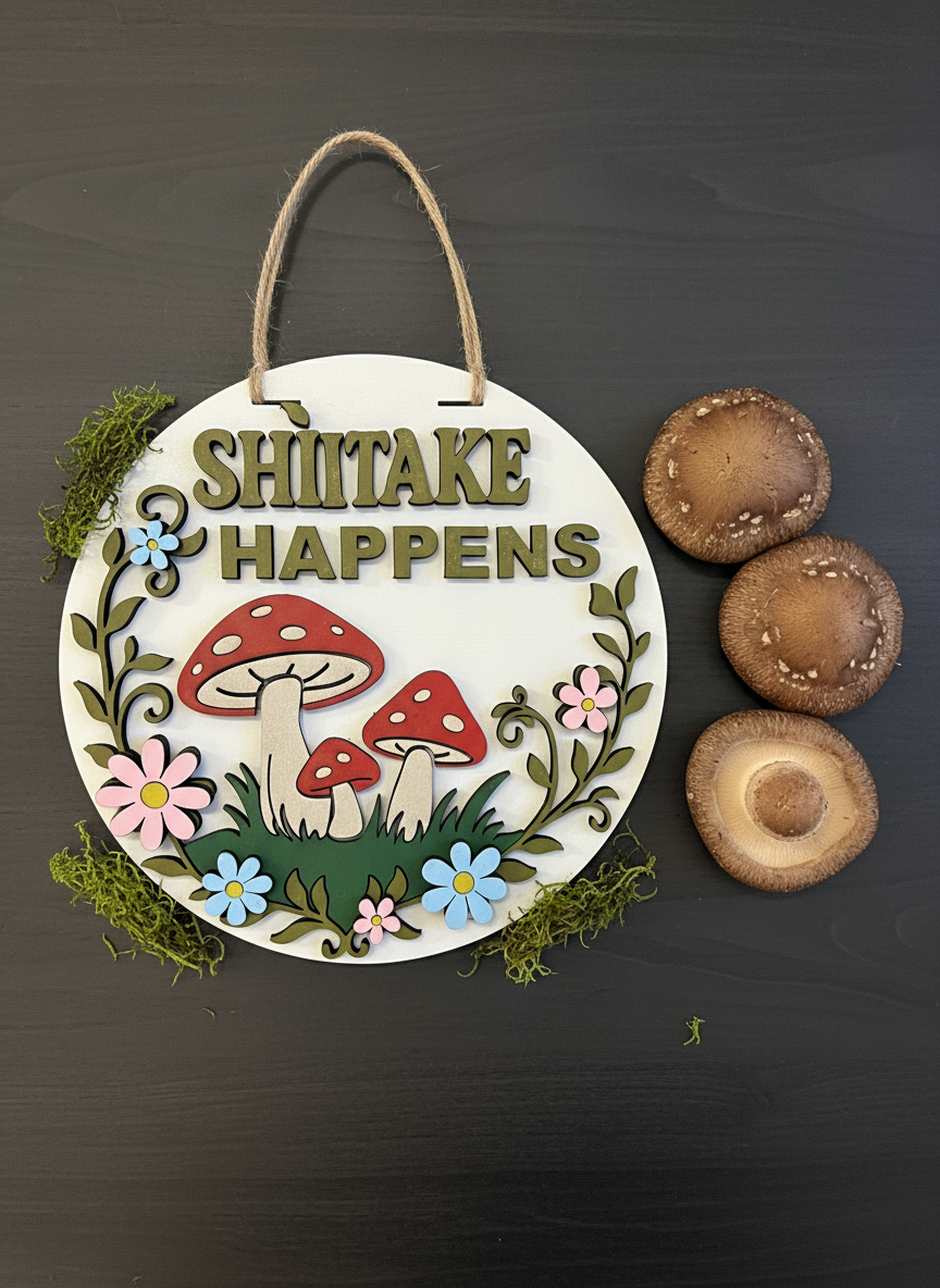 Shiitake Happens Sign | Funny Mushroom Wall Decor | Handmade Cottagecore Decor