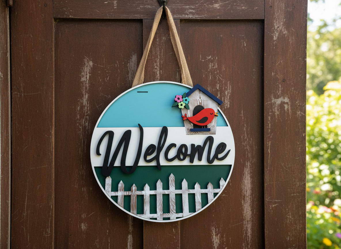 Welcome Red Bird and Birdhouse Door Sign