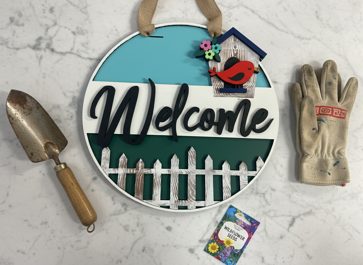 Welcome Red Bird and Birdhouse Door Sign