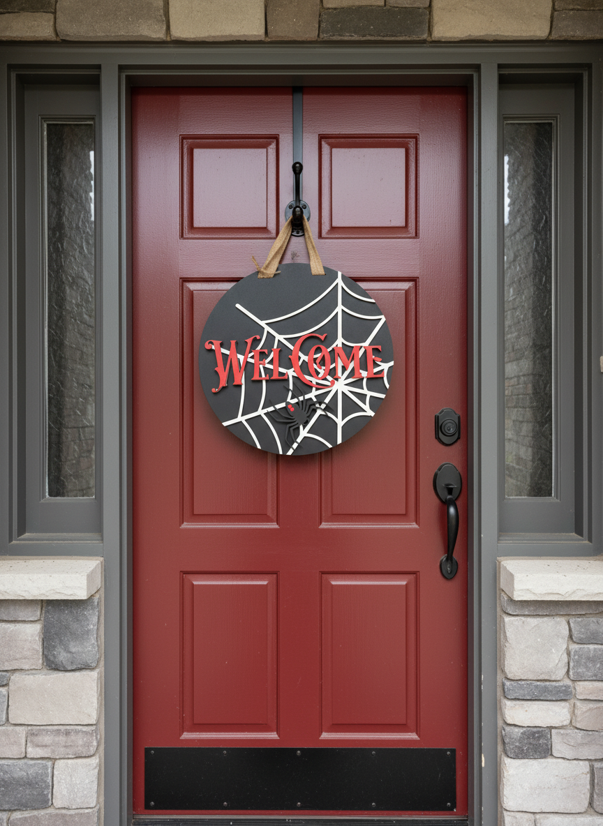 Halloween Spider Web Welcome Door Sign – Handcrafted Spooky Home Décor