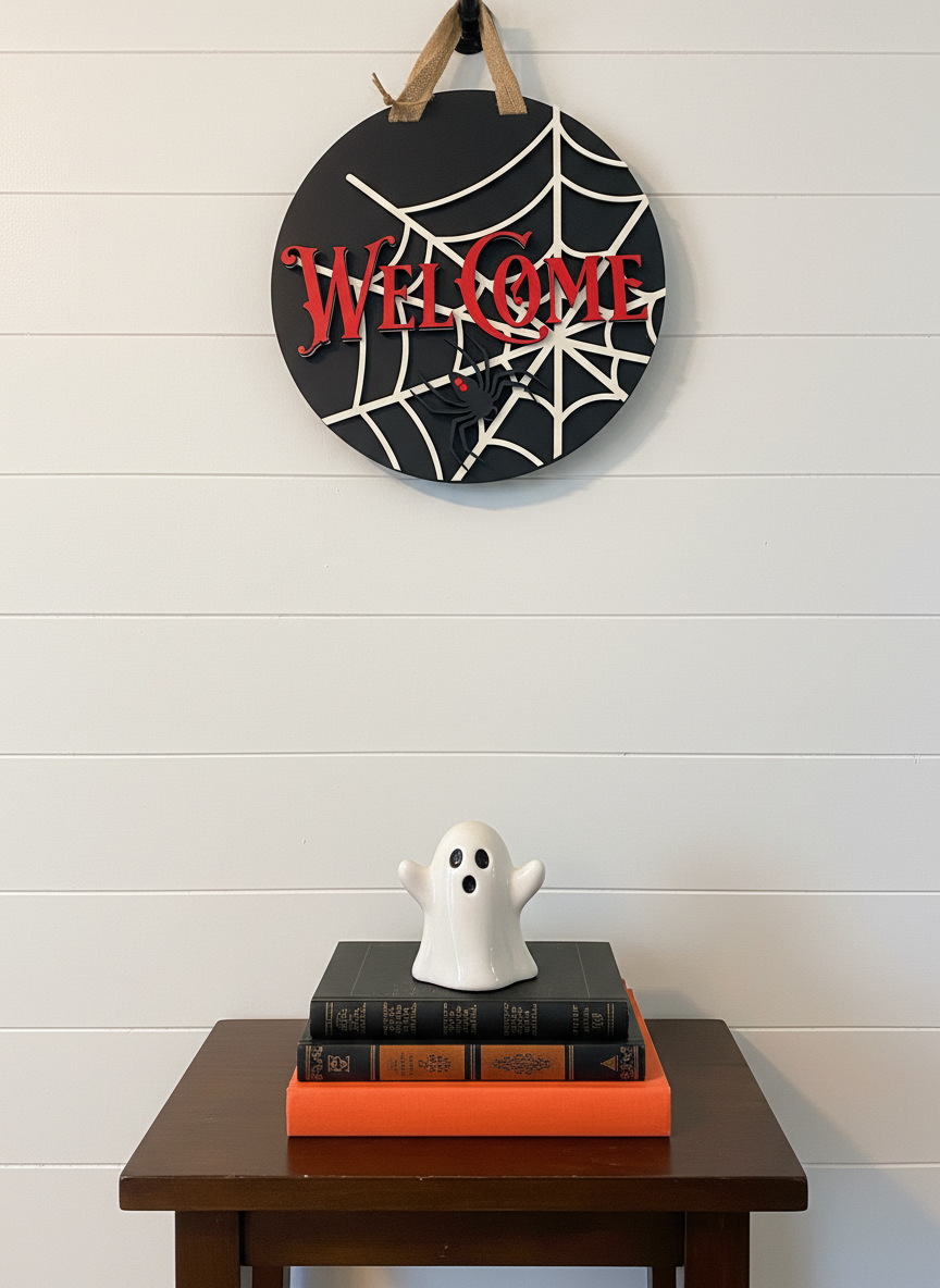 Halloween Spider Web Welcome Door Sign – Handcrafted Spooky Home Décor