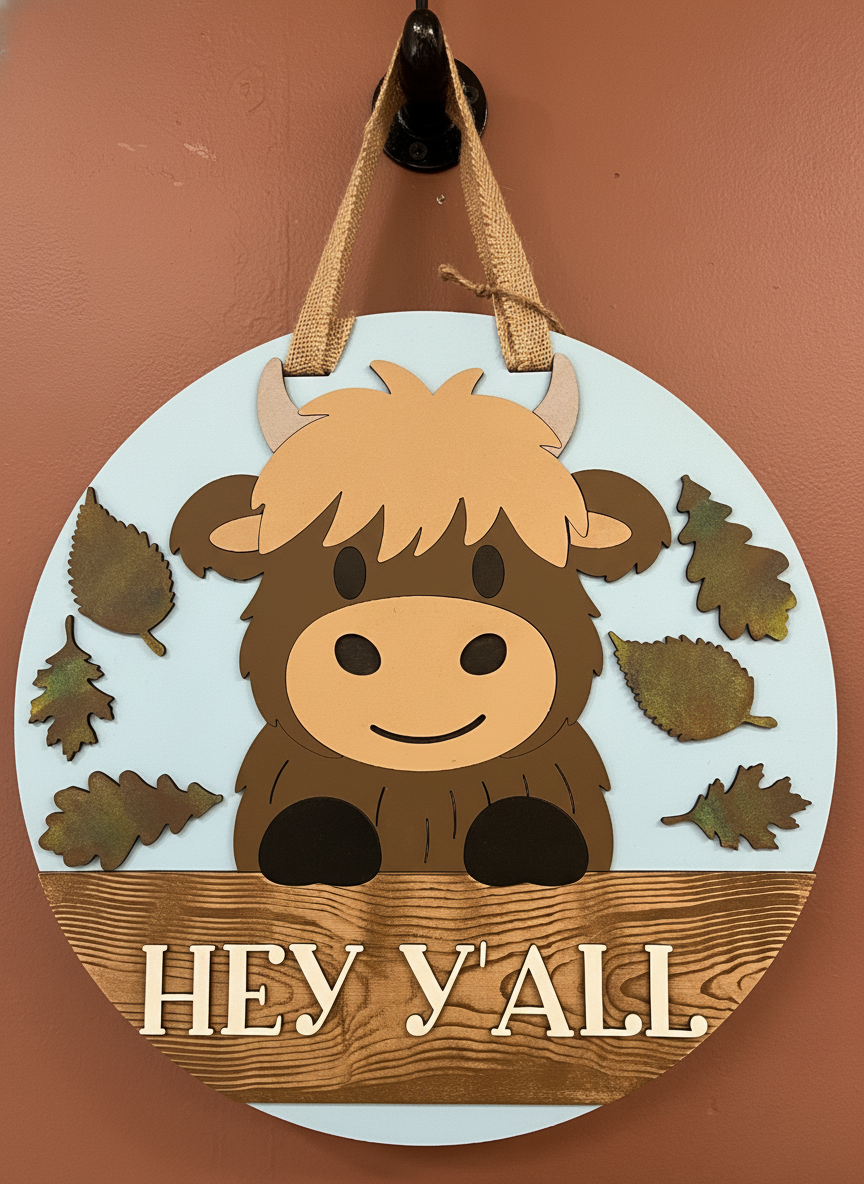 Highland Cow Hey Y’all Door Hanger – 3D Wood Farmhouse Fall Welcome Sign