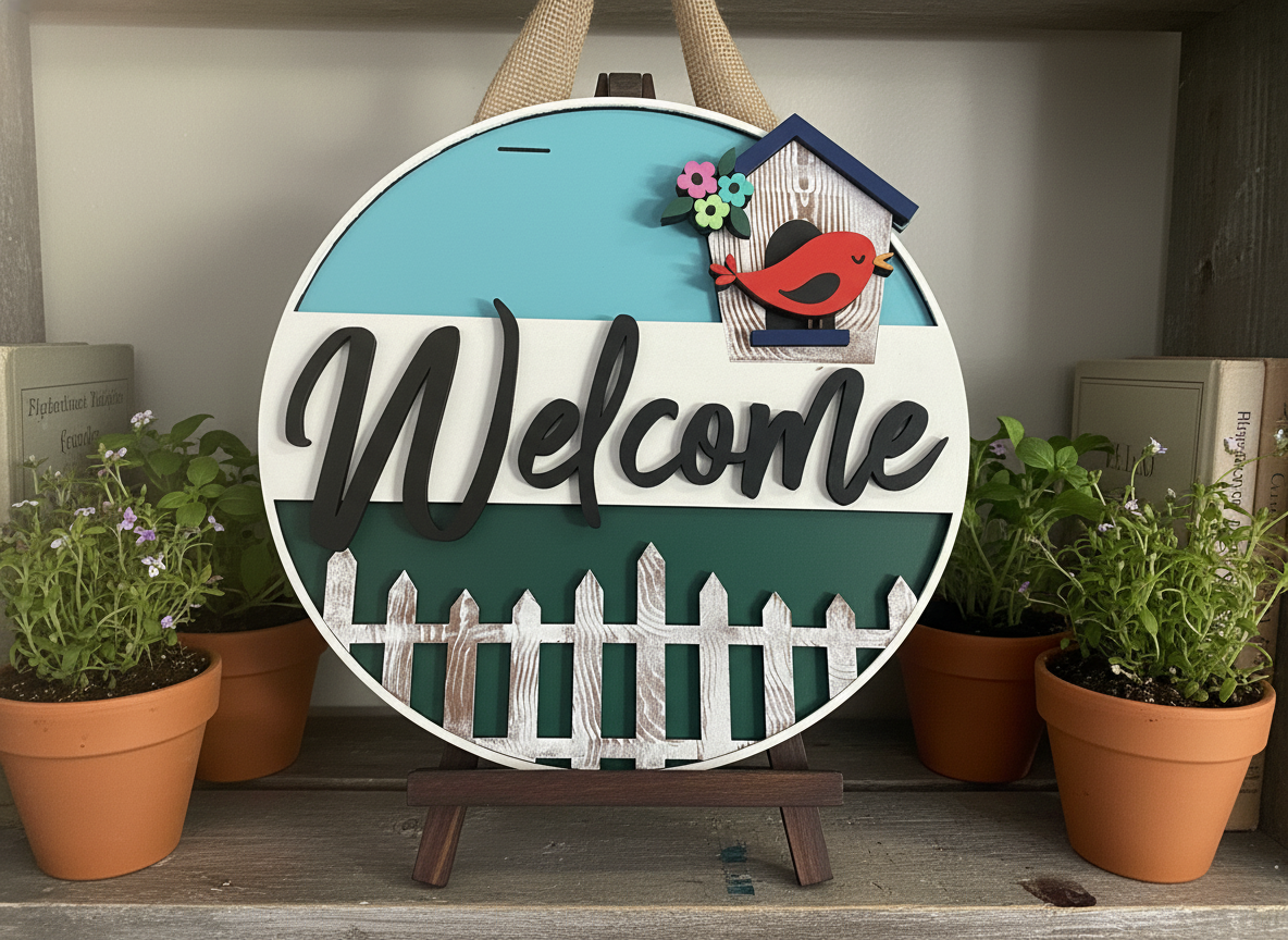 Welcome Red Bird and Birdhouse Door Sign