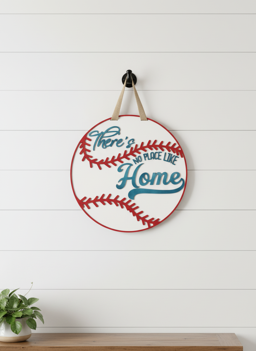 There’s No Place Like Home Baseball Door Sign | Layered Wood Sports Decor | Baseball Front Door Hanger | Handmade Fan Sign