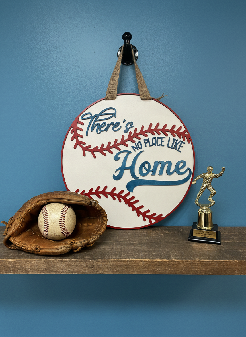 There’s No Place Like Home Baseball Door Sign | Layered Wood Sports Decor | Baseball Front Door Hanger | Handmade Fan Sign