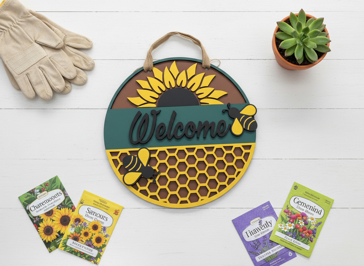 Welcome Sunflower and Bees Door Sign – Cheerful Indoor & Outdoor Decor