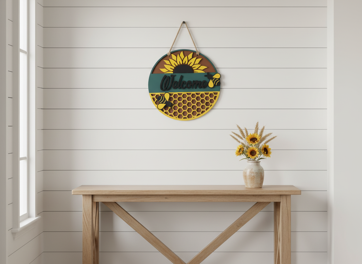 Welcome Sunflower and Bees Door Sign – Cheerful Indoor & Outdoor Decor