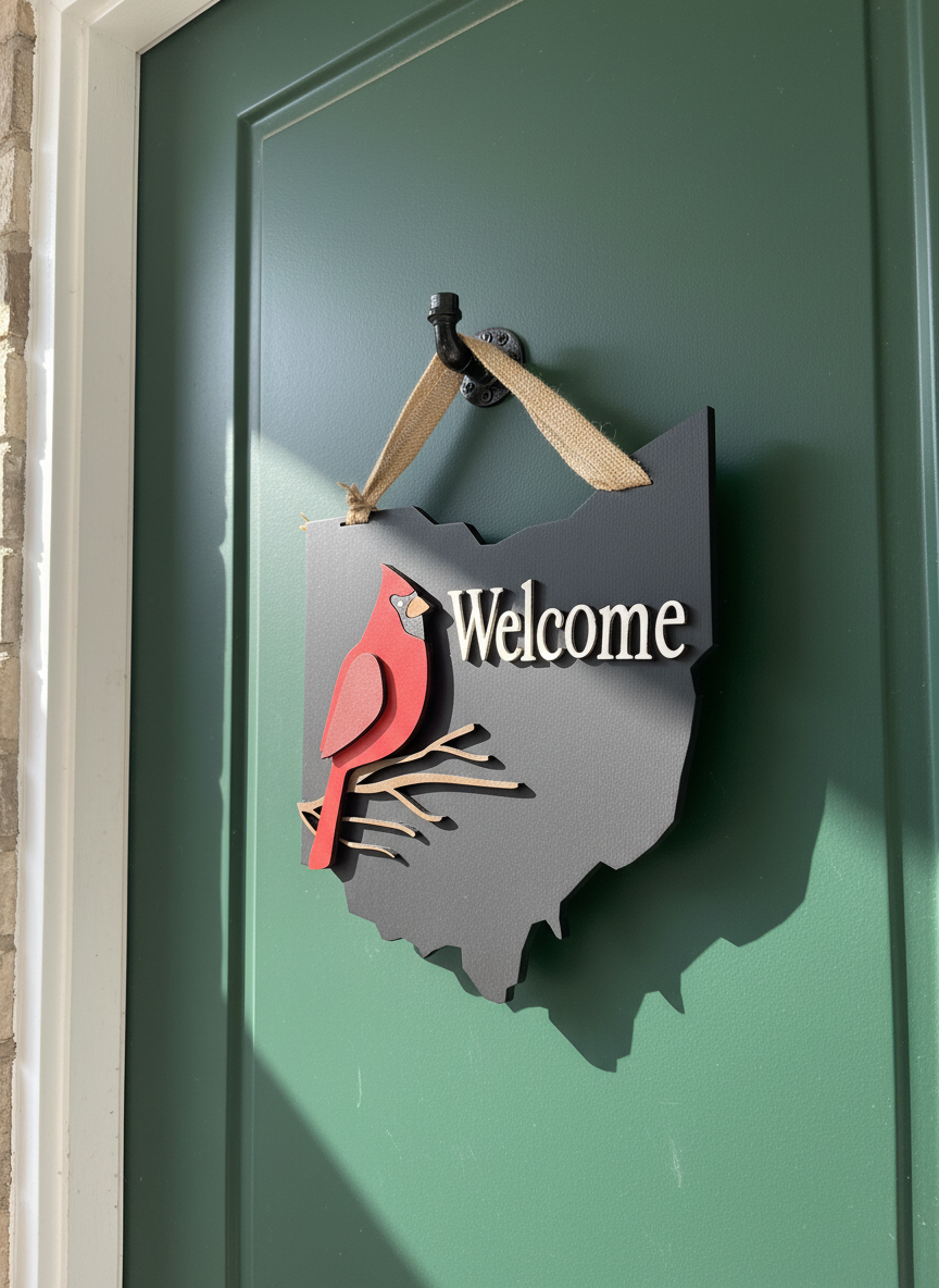 Ohio Cardinal Welcome Sign – 3D Layered Wood Door Decor | Handmade State Pride Front Door Sign