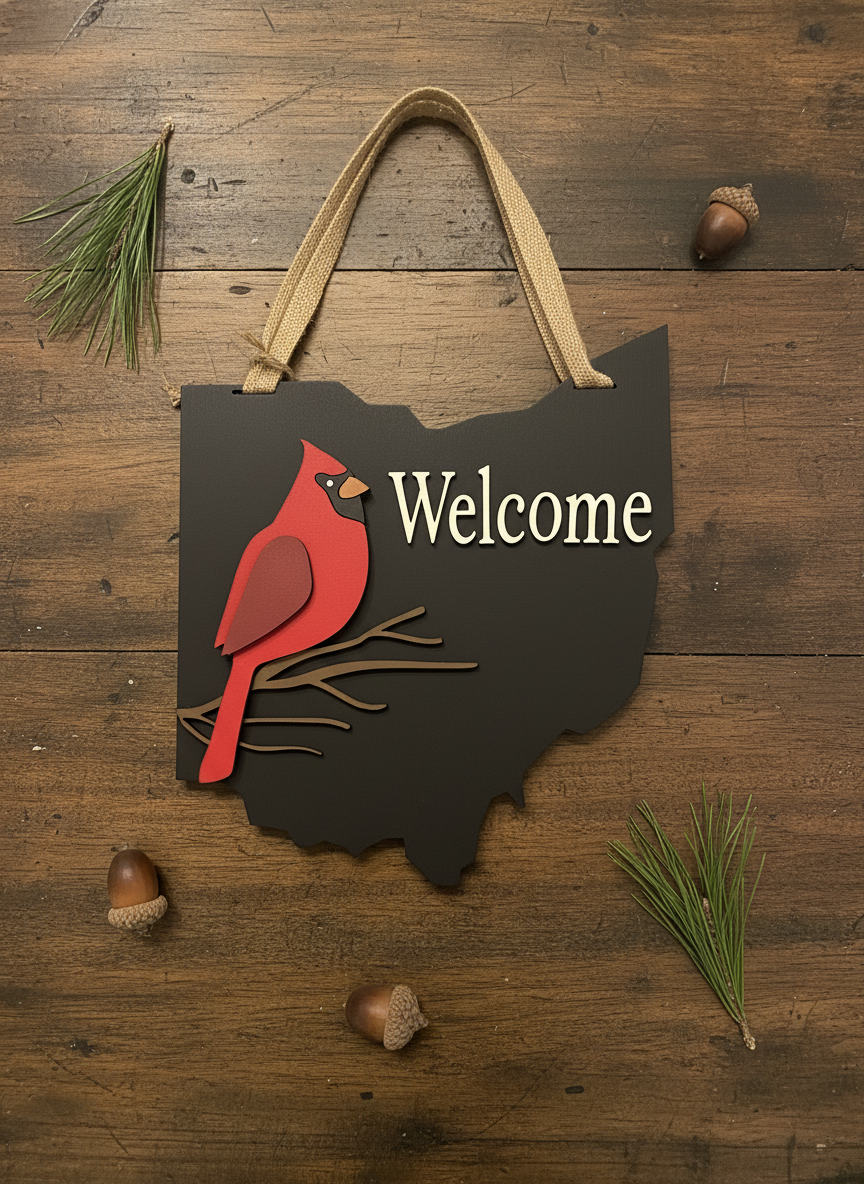 Ohio Cardinal Welcome Sign – 3D Layered Wood Door Decor | Handmade State Pride Front Door Sign