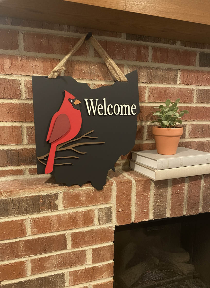 Ohio Cardinal Welcome Sign – 3D Layered Wood Door Decor | Handmade State Pride Front Door Sign