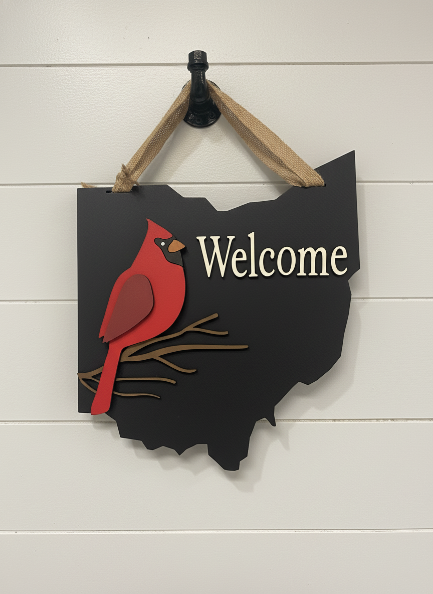 Ohio Cardinal Welcome Sign – 3D Layered Wood Door Decor | Handmade State Pride Front Door Sign
