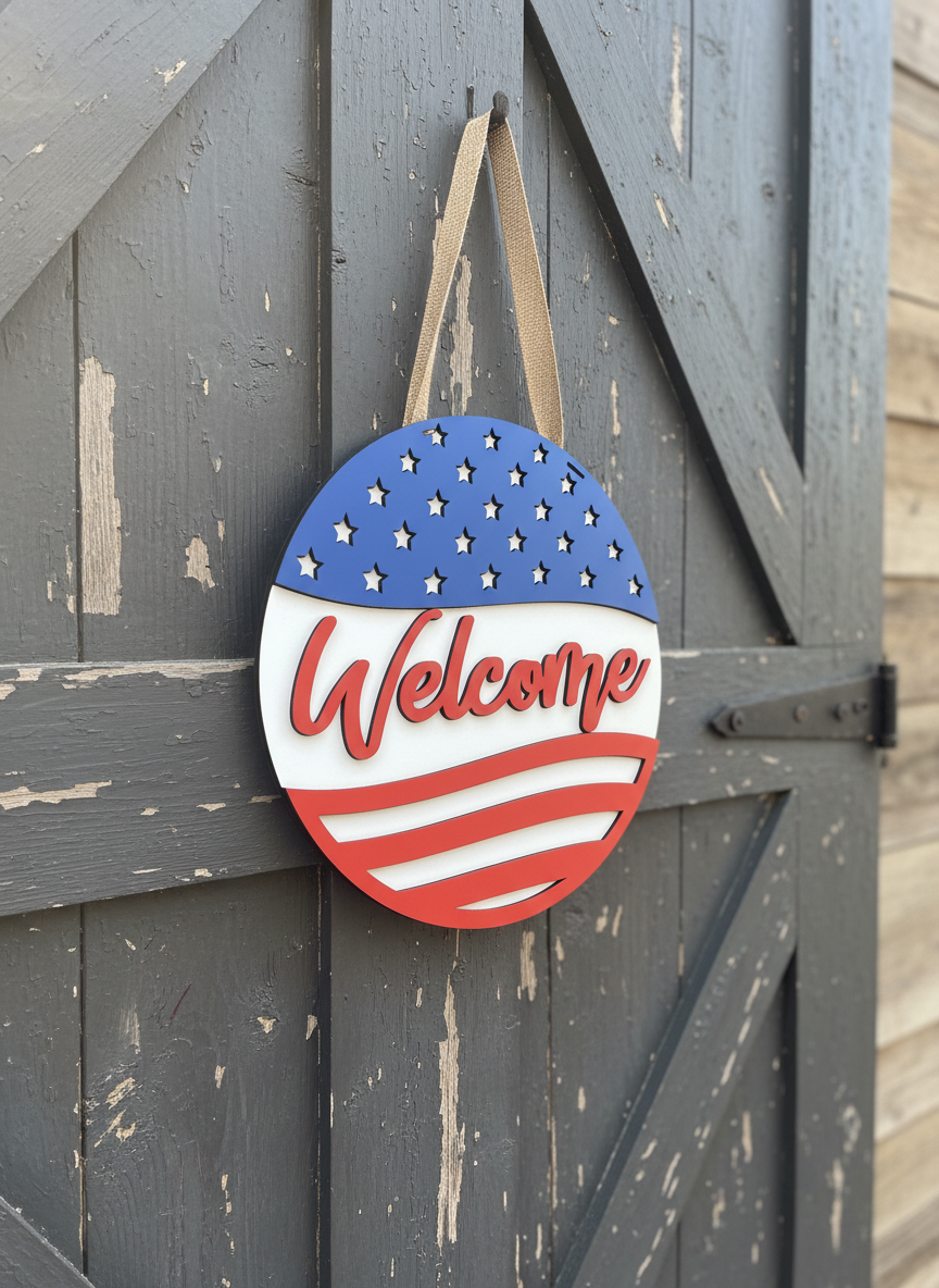 "Welcome" Patriotic Door Sign