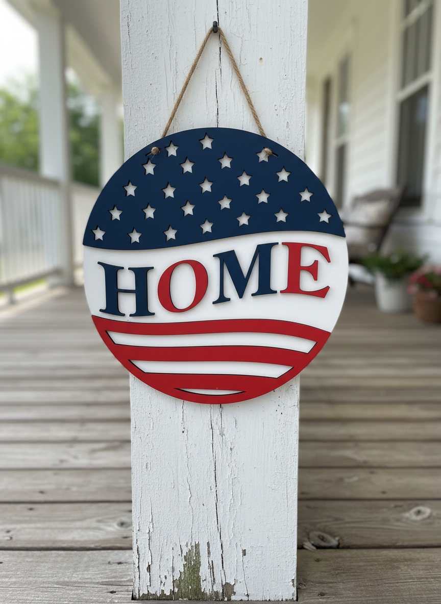 "Home" Patriotic Design Door Sign – American Flag Welcome Sign