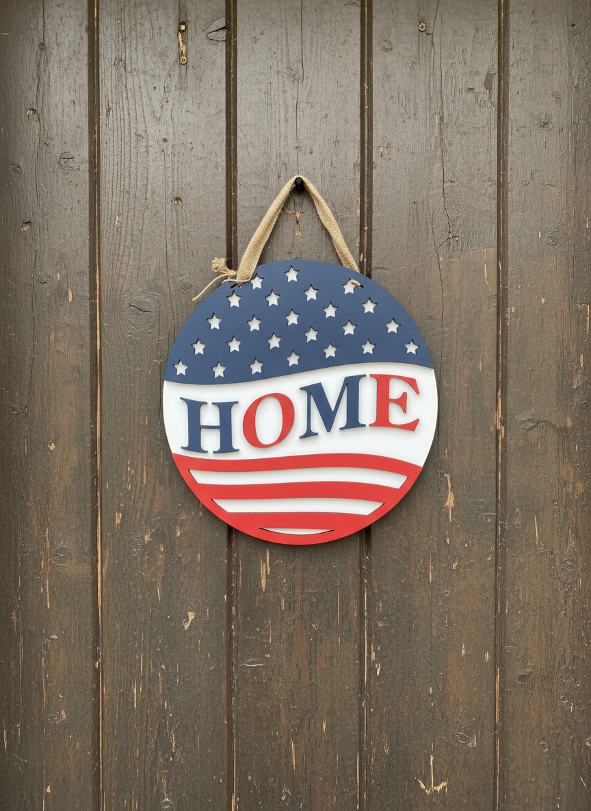 "Home" Patriotic Design Door Sign – American Flag Welcome Sign
