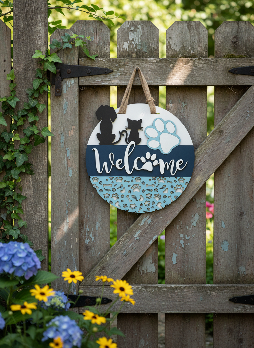 “Welcome” Cat, Dog & Paw Door Sign – Pet Lover Home Decor