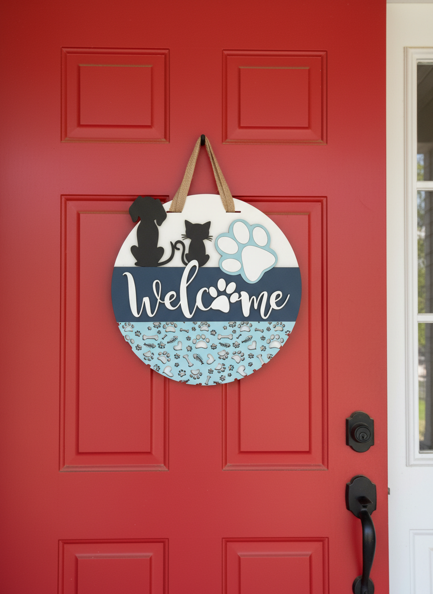 “Welcome” Cat, Dog & Paw Door Sign – Pet Lover Home Decor
