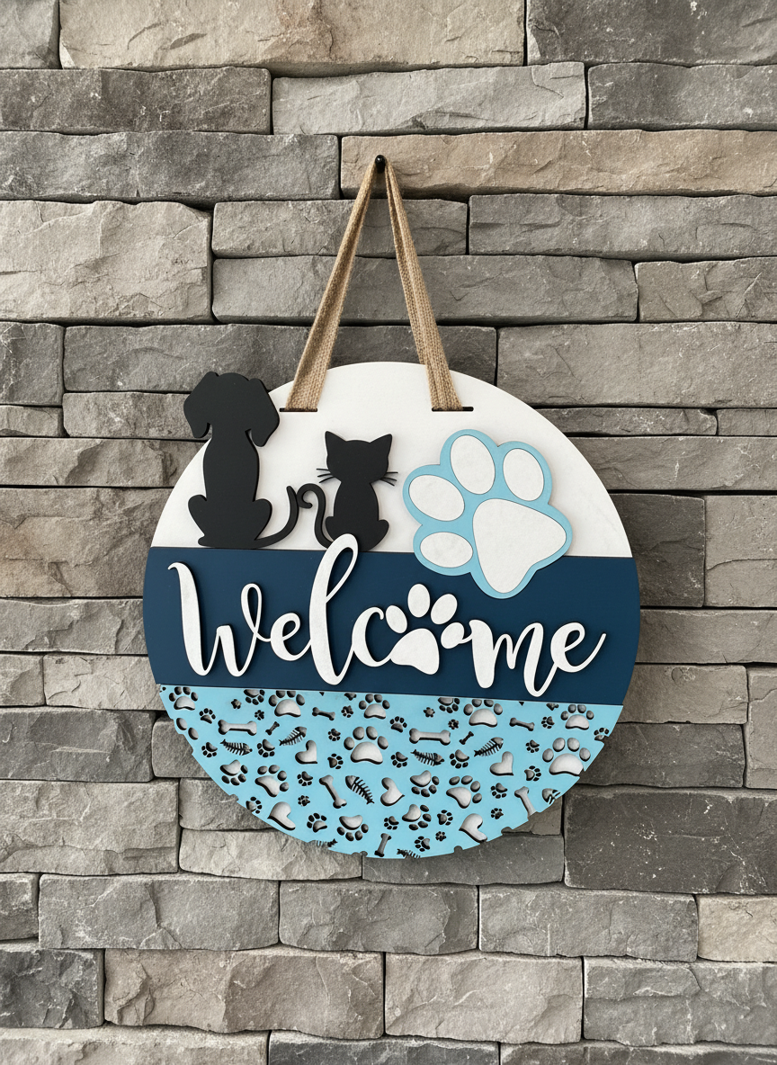 “Welcome” Cat, Dog & Paw Door Sign – Pet Lover Home Decor