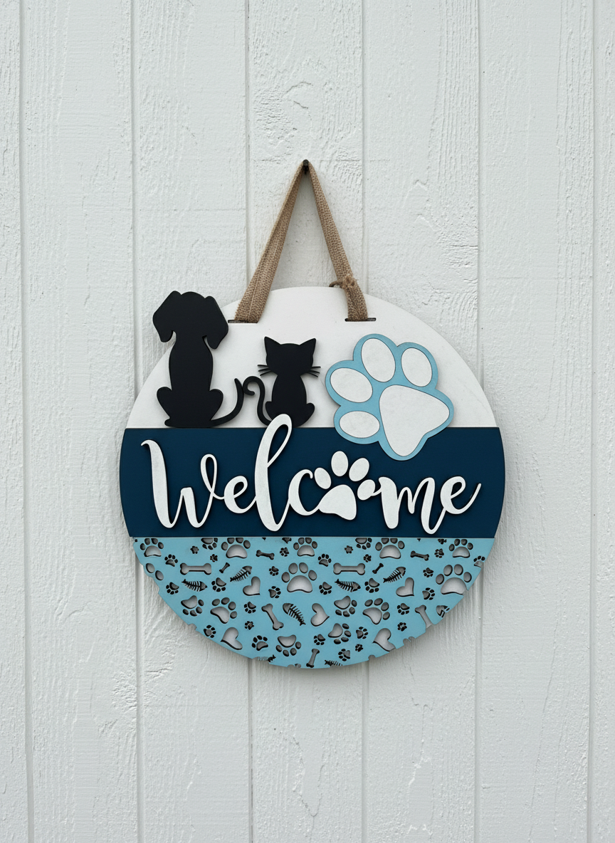 “Welcome” Cat, Dog & Paw Door Sign – Pet Lover Home Decor