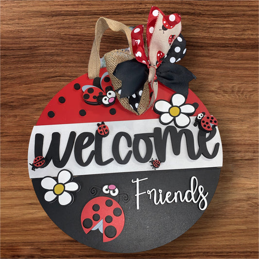 Welcome Friends" Door Sign with Ladybugs and Daisies - Cheerful Garden Charm