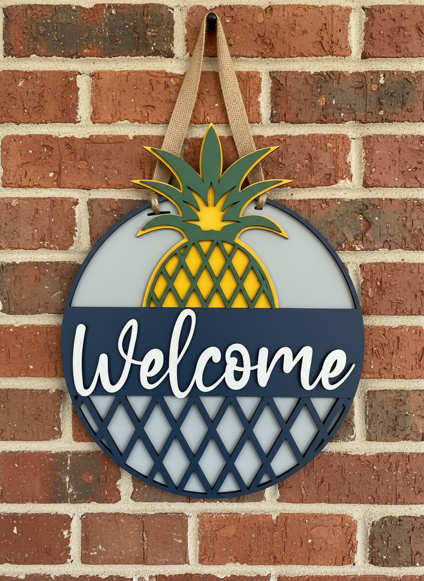 "Welcome" Pineapple Door Sign – Tropical Front Door Decor