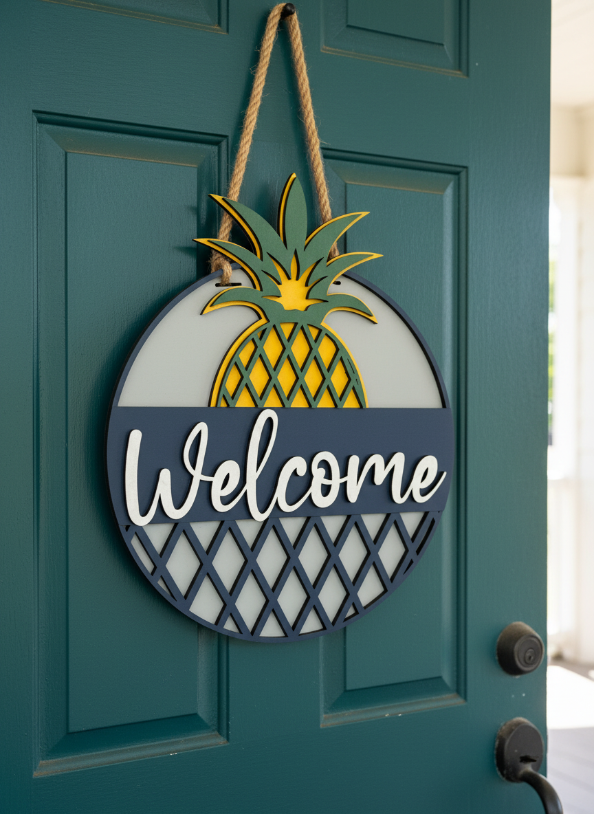 "Welcome" Pineapple Door Sign – Tropical Front Door Decor