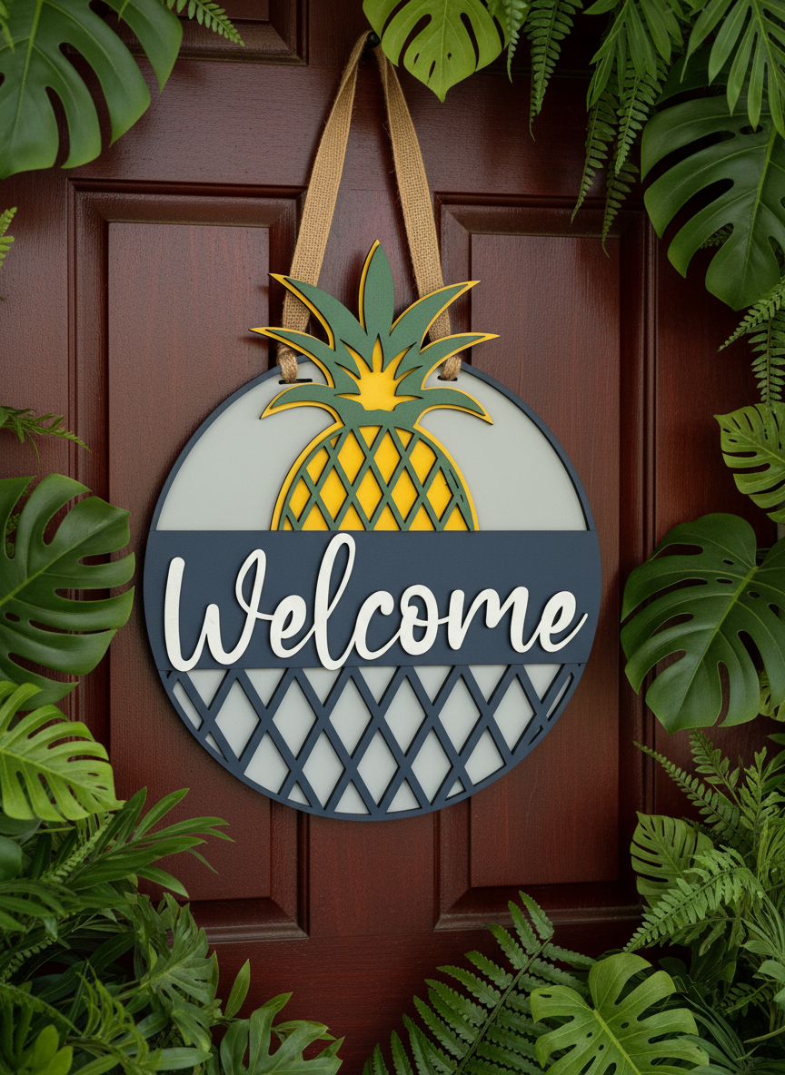 "Welcome" Pineapple Door Sign – Tropical Front Door Decor