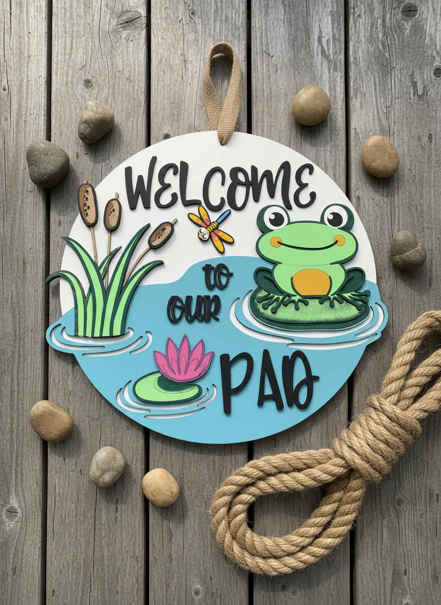 Welcome to Our Pad Frog and Dragonfly Door Sign