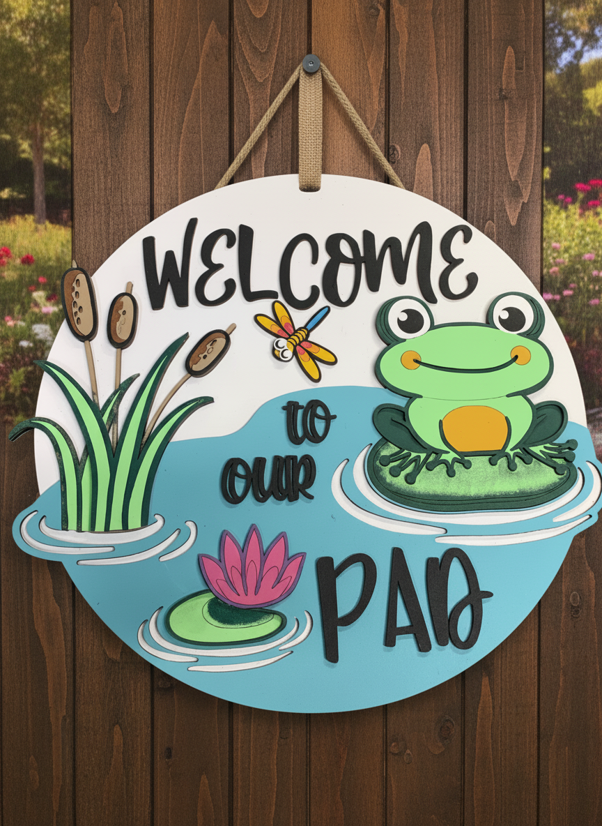 Welcome to Our Pad Frog and Dragonfly Door Sign