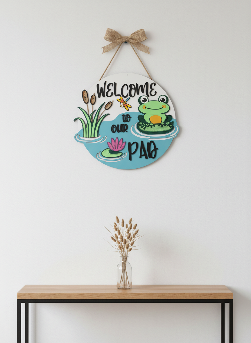 Welcome to Our Pad Frog and Dragonfly Door Sign