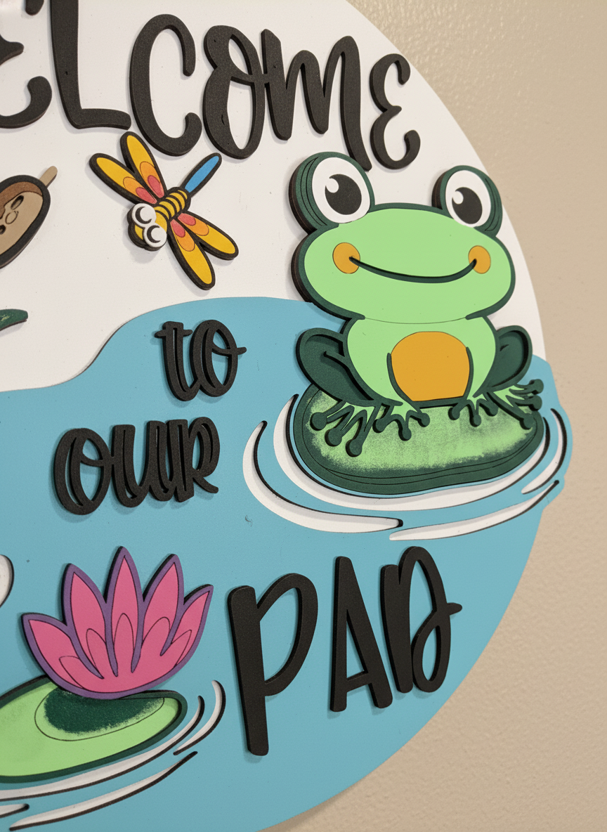 Welcome to Our Pad Frog and Dragonfly Door Sign