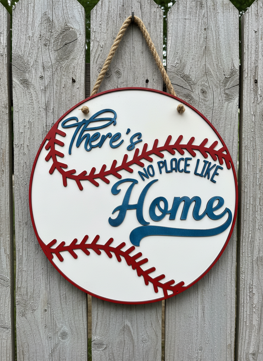 There’s No Place Like Home Baseball Door Sign | Layered Wood Sports Decor | Baseball Front Door Hanger | Handmade Fan Sign