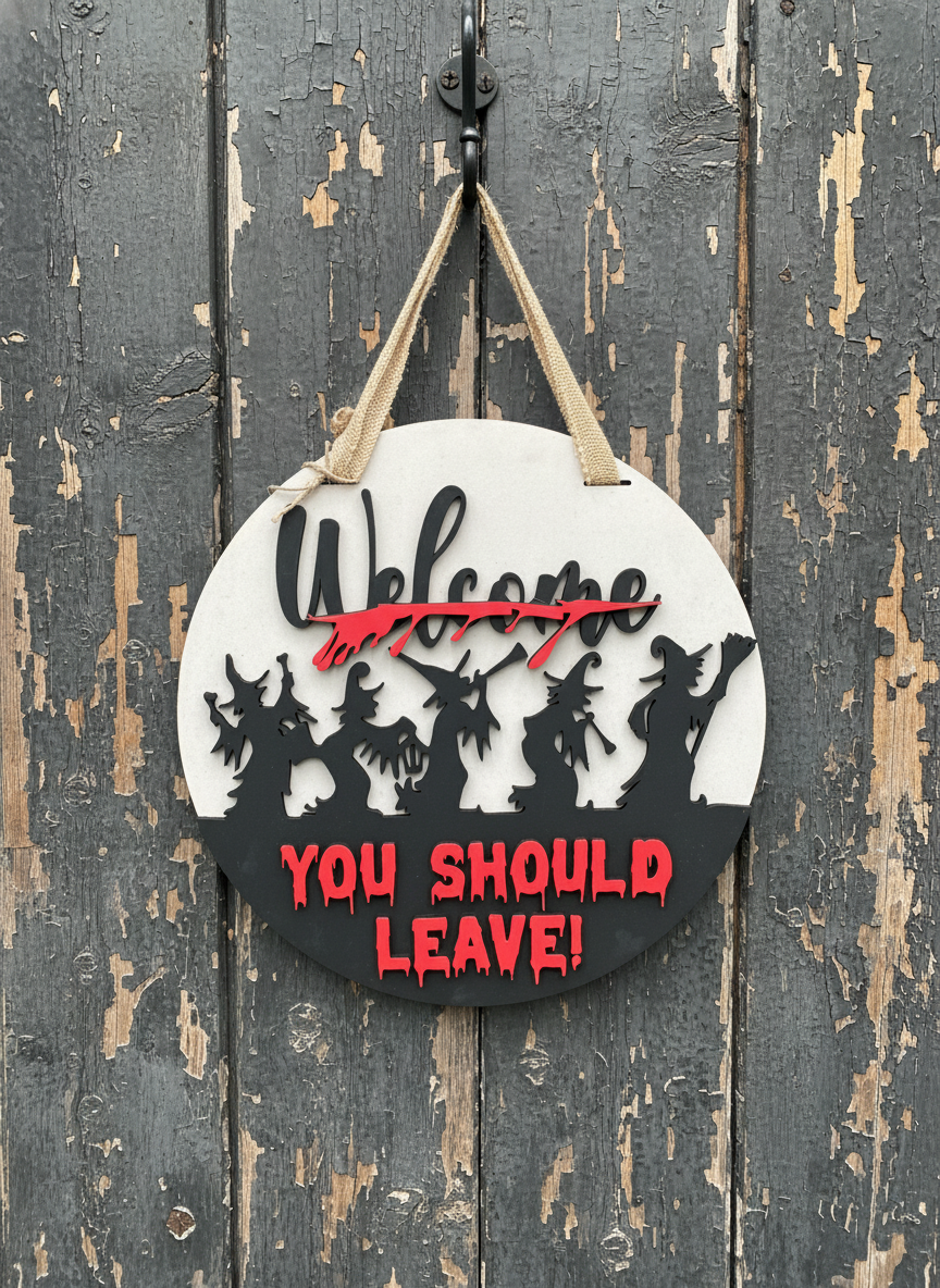 “Welcome, You Should Leave” Witches Door Sign – Funny Halloween Home Decor