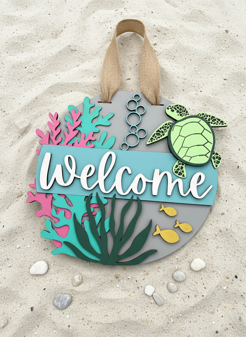 "Welcome" Sea Turtle Underwater Door Sign – Coastal Home & Ocean Decor