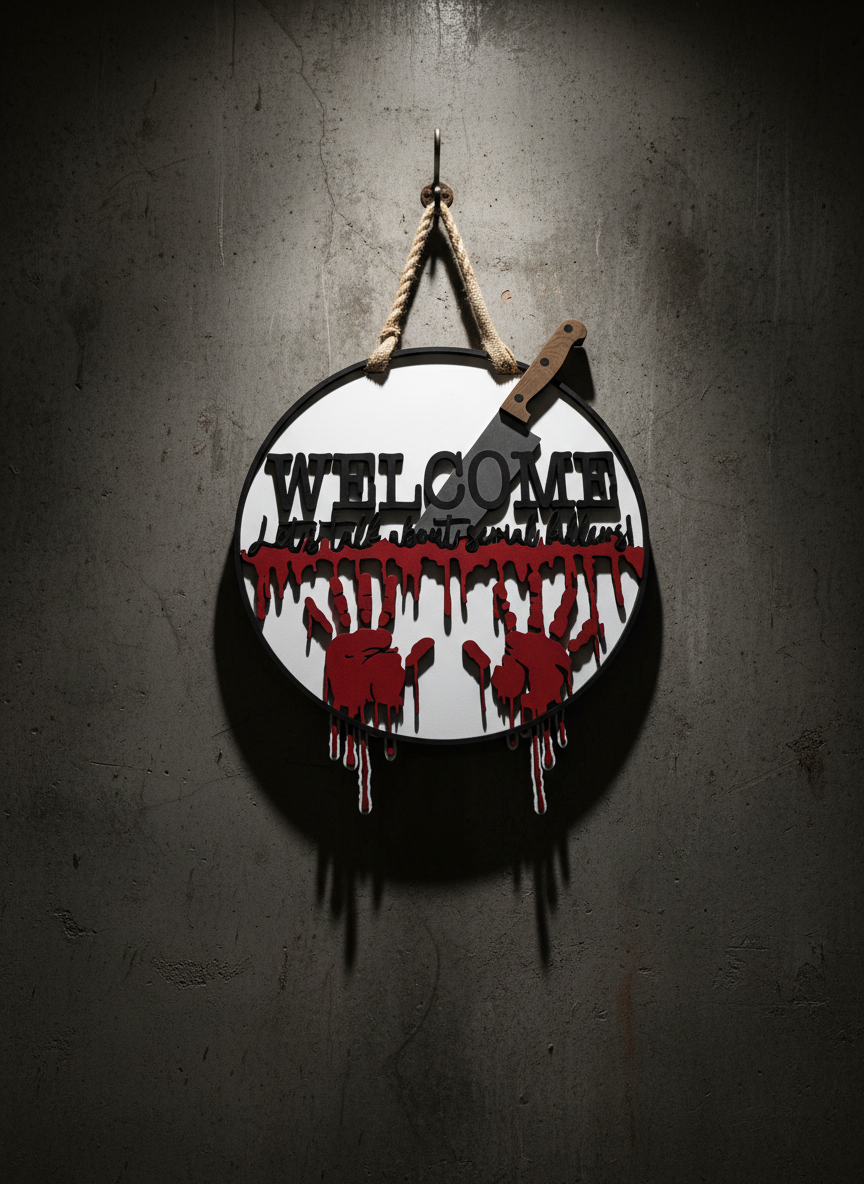 Welcome, Let's Talk About Serial Killers" Bloody Hand Prints Door Sign