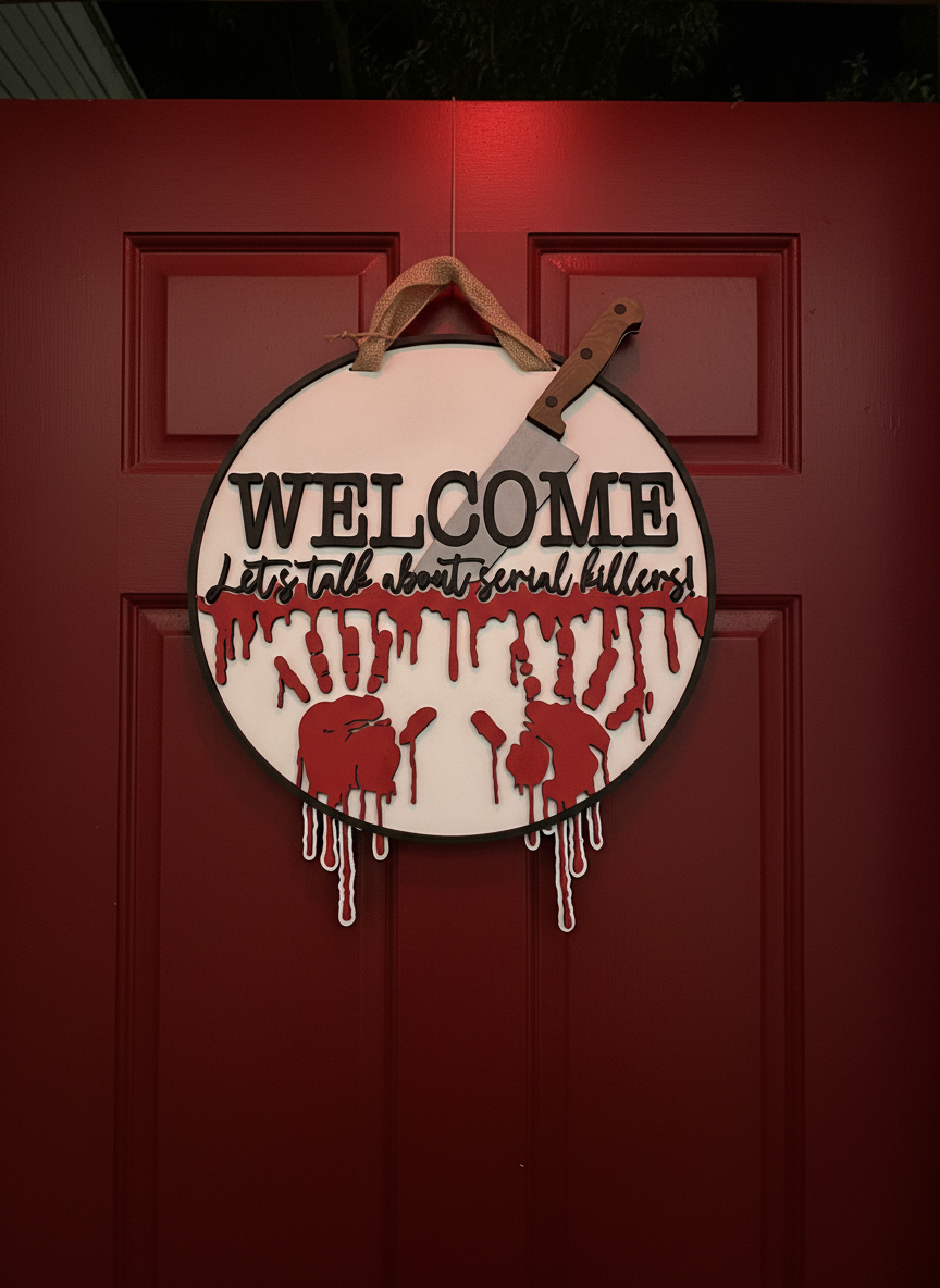 Welcome, Let's Talk About Serial Killers" Bloody Hand Prints Door Sign