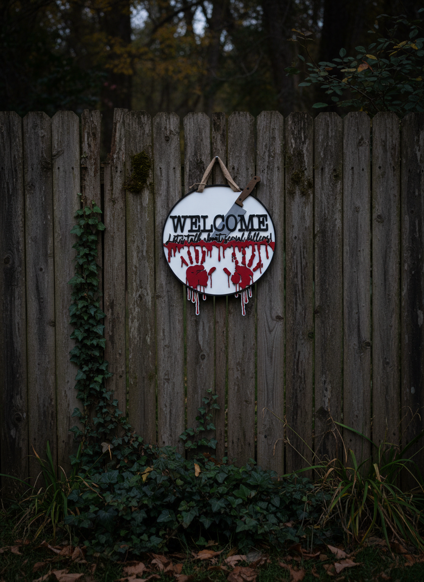 Welcome, Let's Talk About Serial Killers" Bloody Hand Prints Door Sign